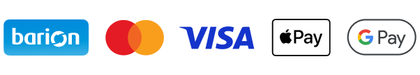 Fizetési szolgáltatók logói egymás mellett, balról jobbra a kék Barion, a piros és sárga körökből álló Mastercard, a lekerekített fekete keretben lévő Apple Pay, valamint a szürke keretes Google Pay logó.