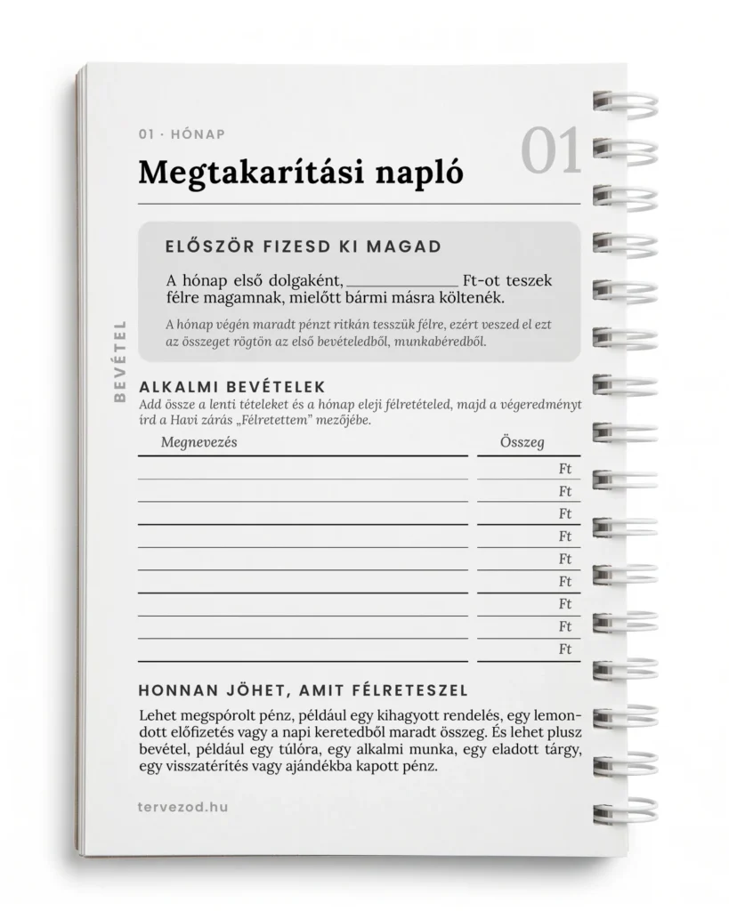 Spirálos Pénzügyi Tervező füzet kinyitva a Megtakarítási napló oldalnál, felül a havi félretétel mezőjével, alatta az alkalmi bevételek soraival fehér alapon.