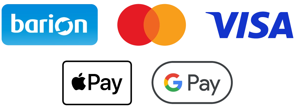 Fizetési szolgáltatók logói egymás mellett és alatt, balról jobbra a kék Barion, a piros és sárga körökből álló Mastercard, a lekerekített fekete keretben lévő Apple Pay, valamint a szürke keretes Google Pay logó.
